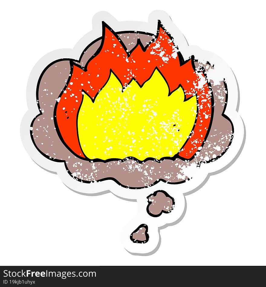 cartoon fire and thought bubble as a distressed worn sticker