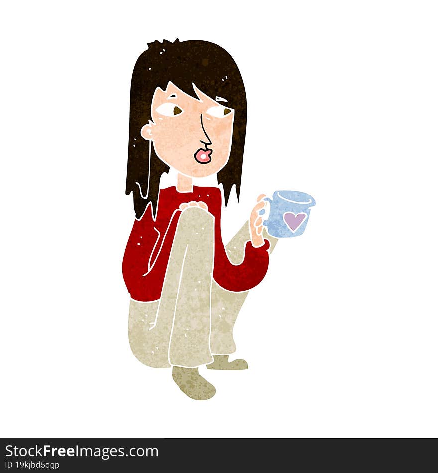 cartoon woman sitting with cup of coffee