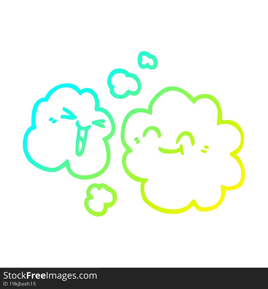 cold gradient line drawing of a cartoon white happy clouds