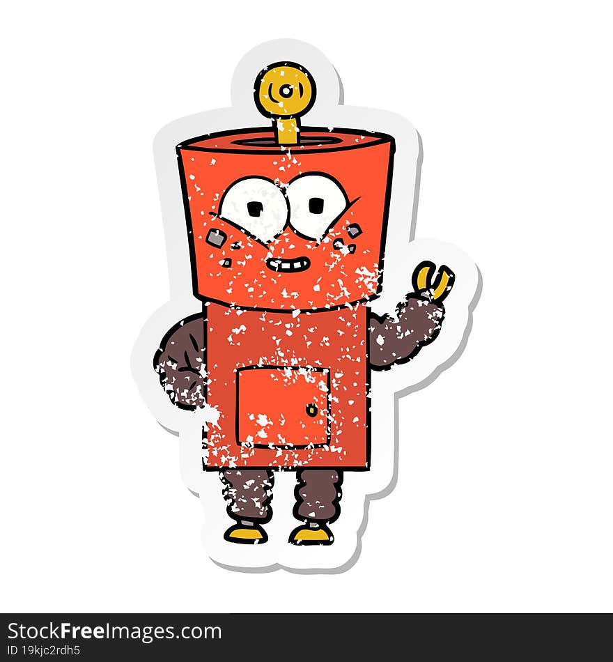 Distressed Sticker Of A Happy Cartoon Robot Waving Hello