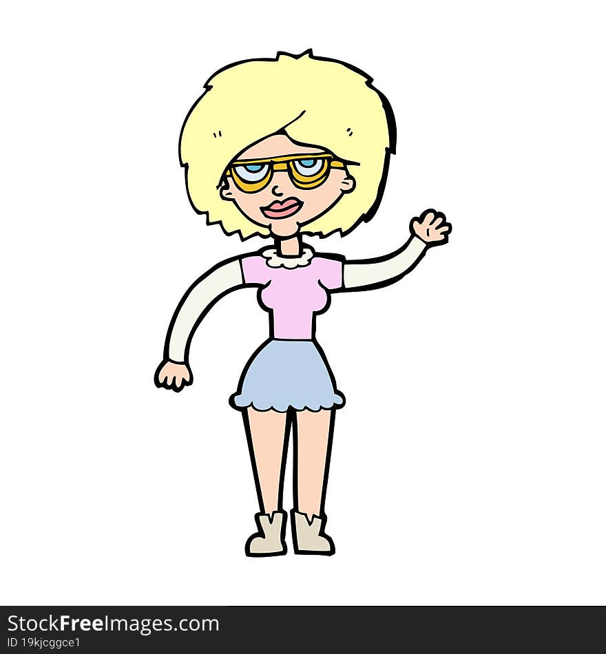 cartoon waving woman wearing spectacles