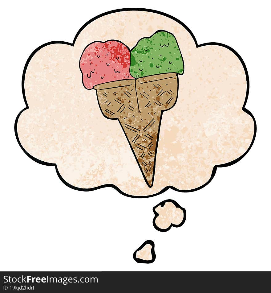 cartoon ice cream and thought bubble in grunge texture pattern style