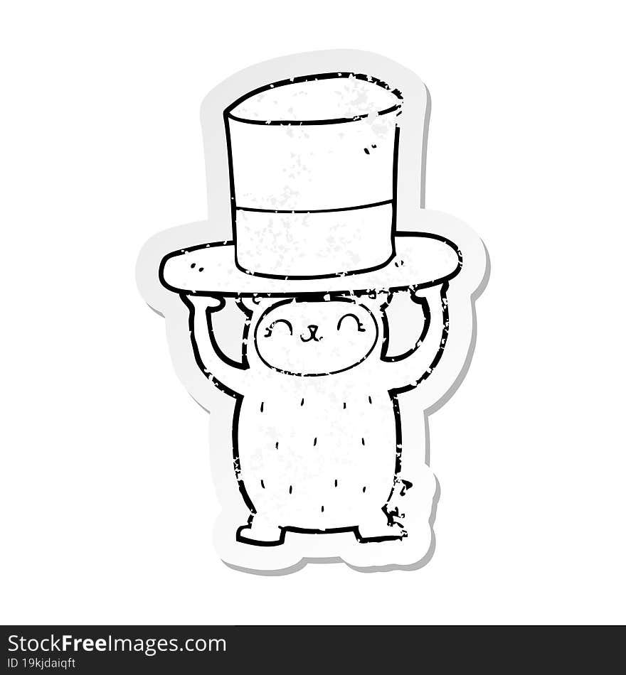 distressed sticker of a cartoon bear with giant hat