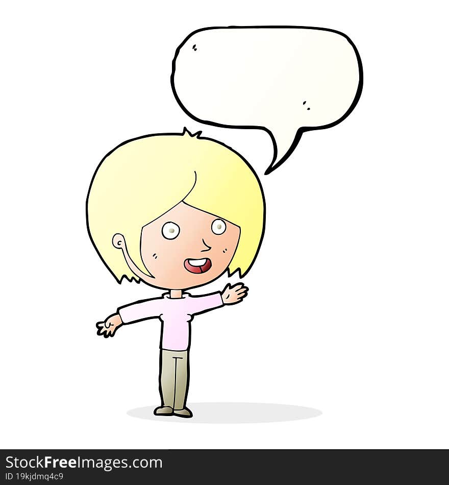 Cartoon Happy Girl Waving With Speech Bubble