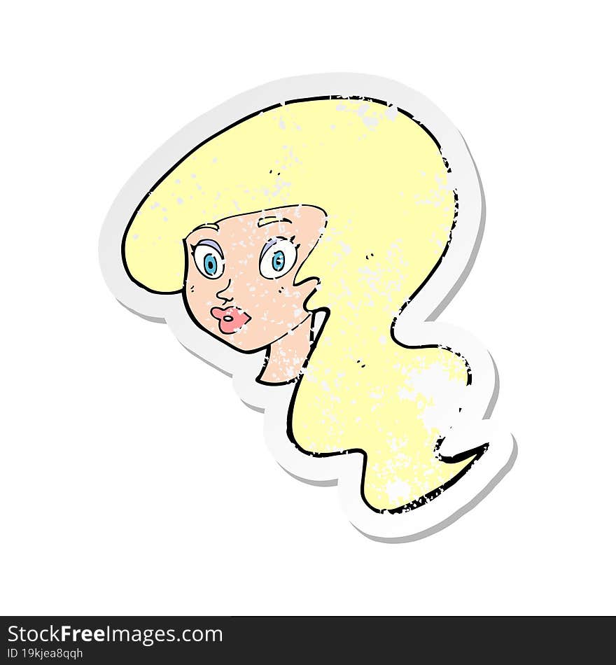 retro distressed sticker of a cartoon pretty female face