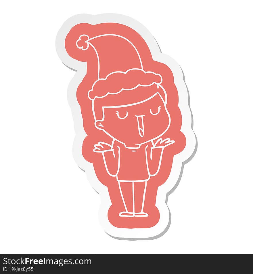 Cartoon  Sticker Of A Happy Boy With No Worries Wearing Santa Hat