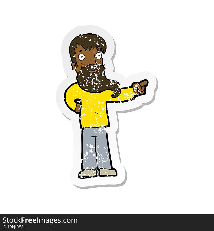 retro distressed sticker of a cartoon man with beard pointing