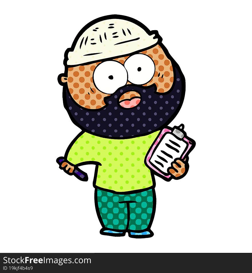 cartoon bearded man with clipboard and pen. cartoon bearded man with clipboard and pen