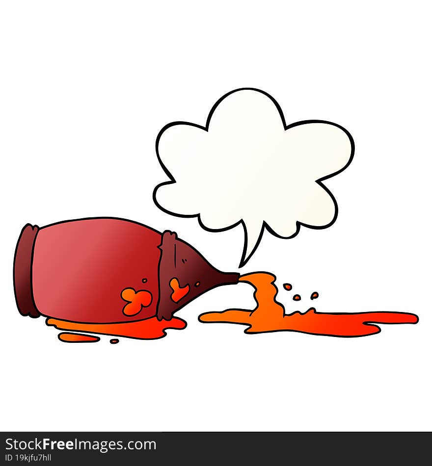 Cartoon Spilled Ketchup Bottle And Speech Bubble In Smooth Gradient Style