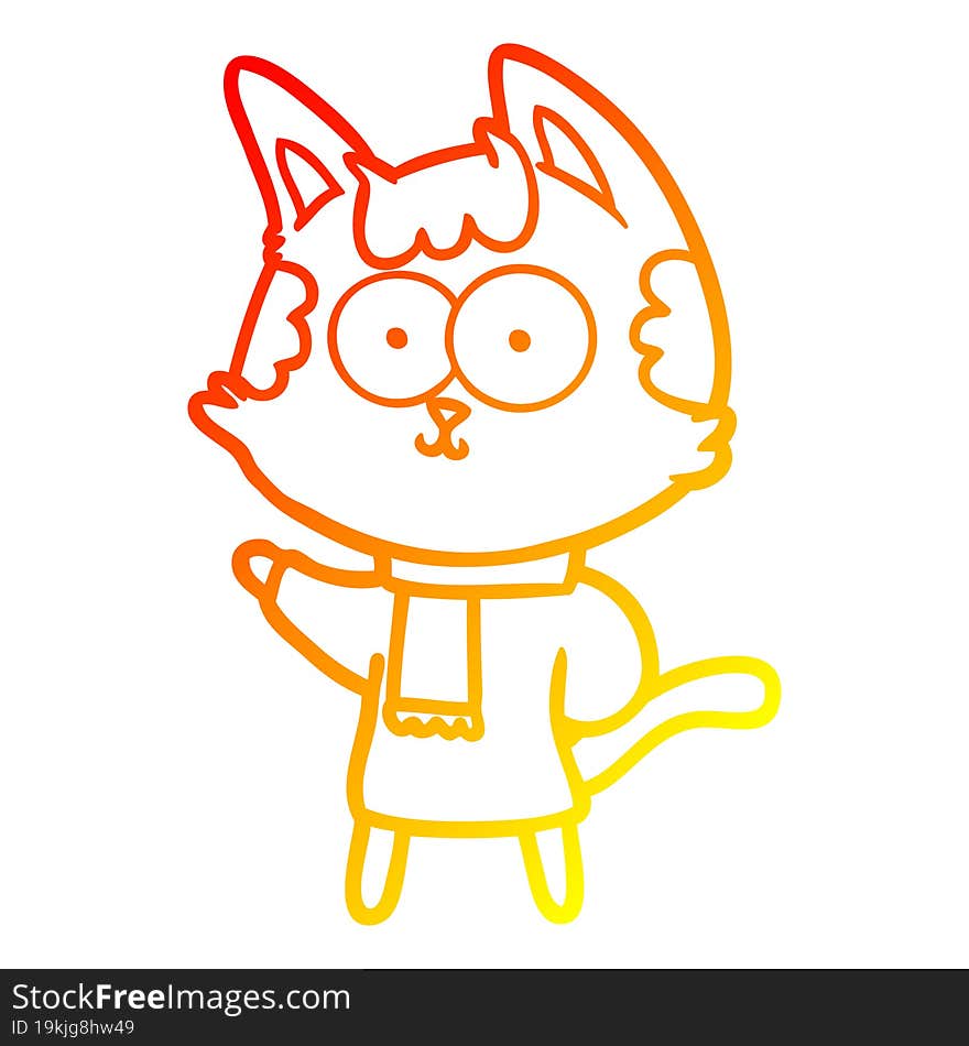 Warm Gradient Line Drawing Happy Cartoon Cat In Winter Clothes