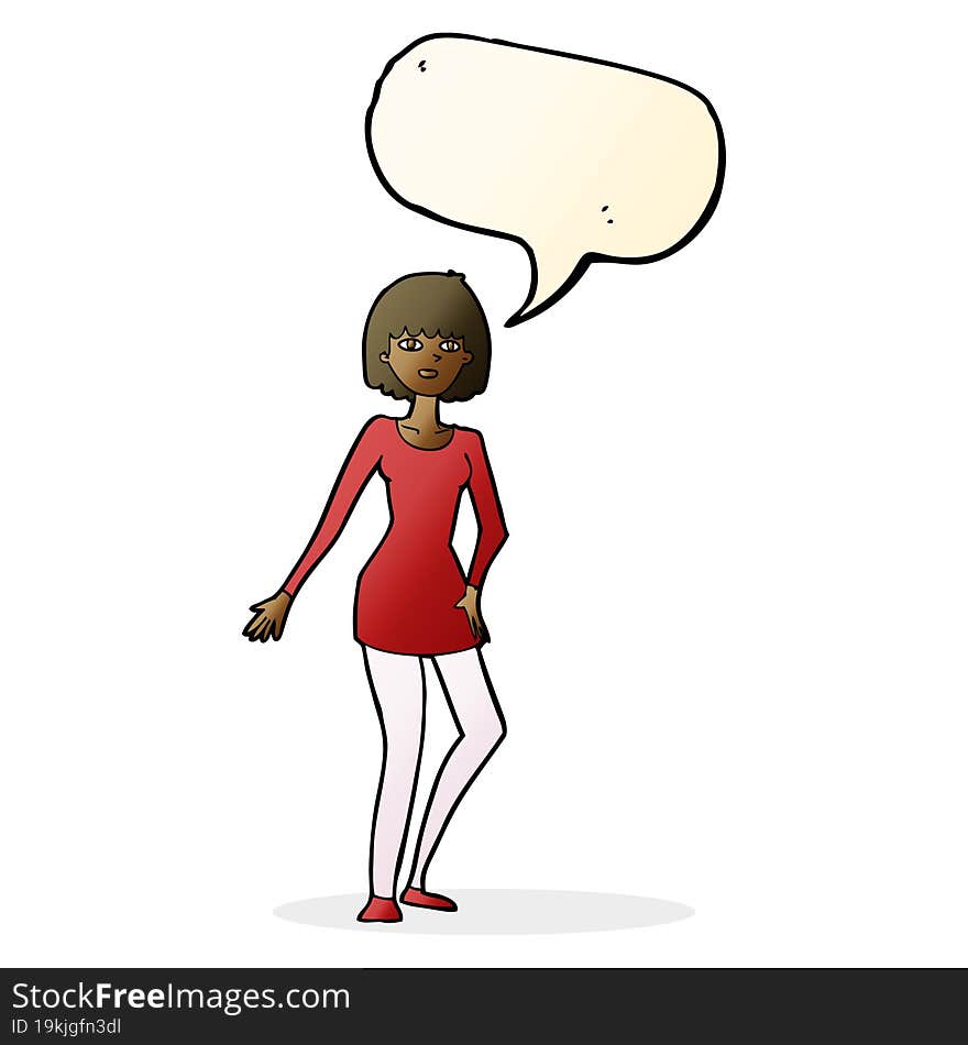 cartoon woman in dress with speech bubble