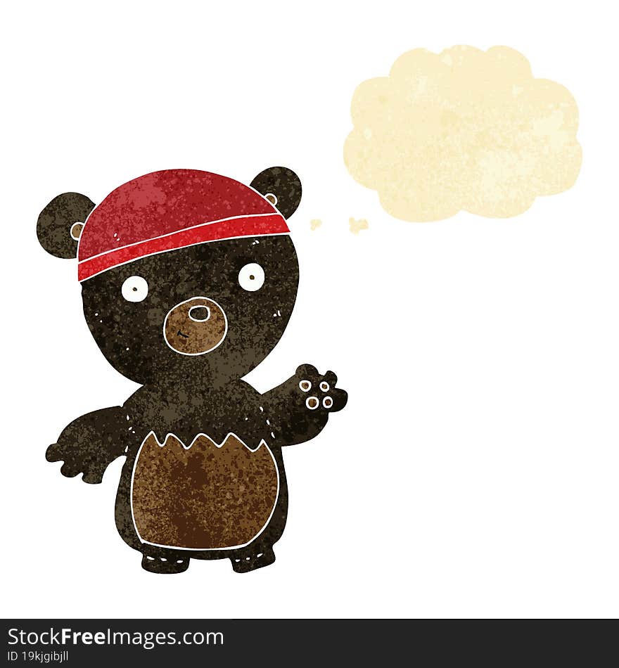 cartoon black bear wearing hat with thought bubble