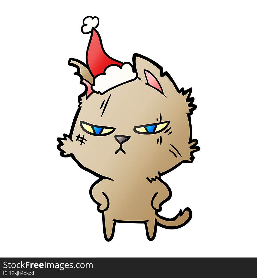 tough gradient cartoon of a cat wearing santa hat