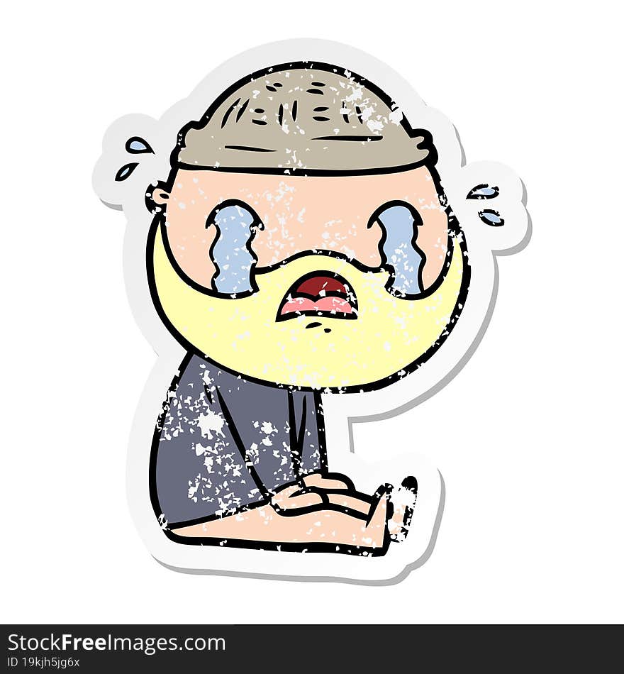 distressed sticker of a cartoon bearded man crying