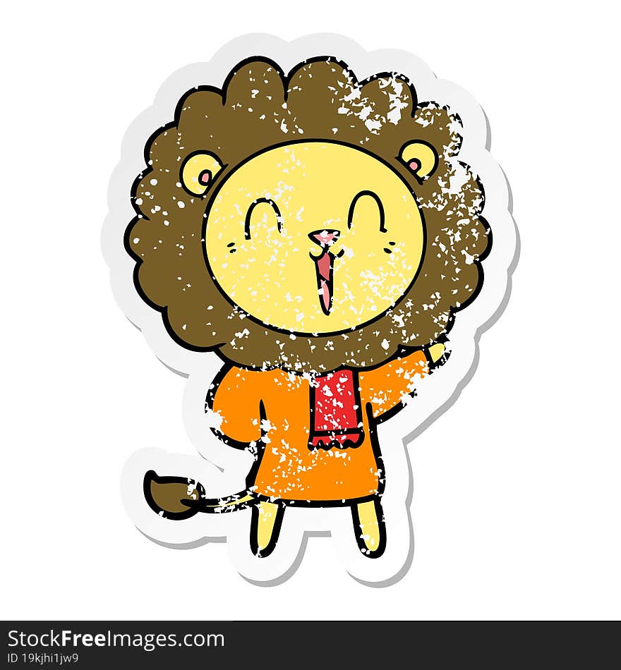 distressed sticker of a laughing lion cartoon in winter clothes