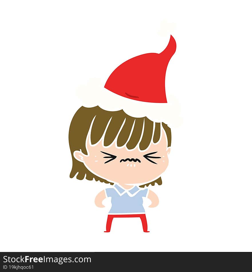 annoyed flat color illustration of a girl wearing santa hat