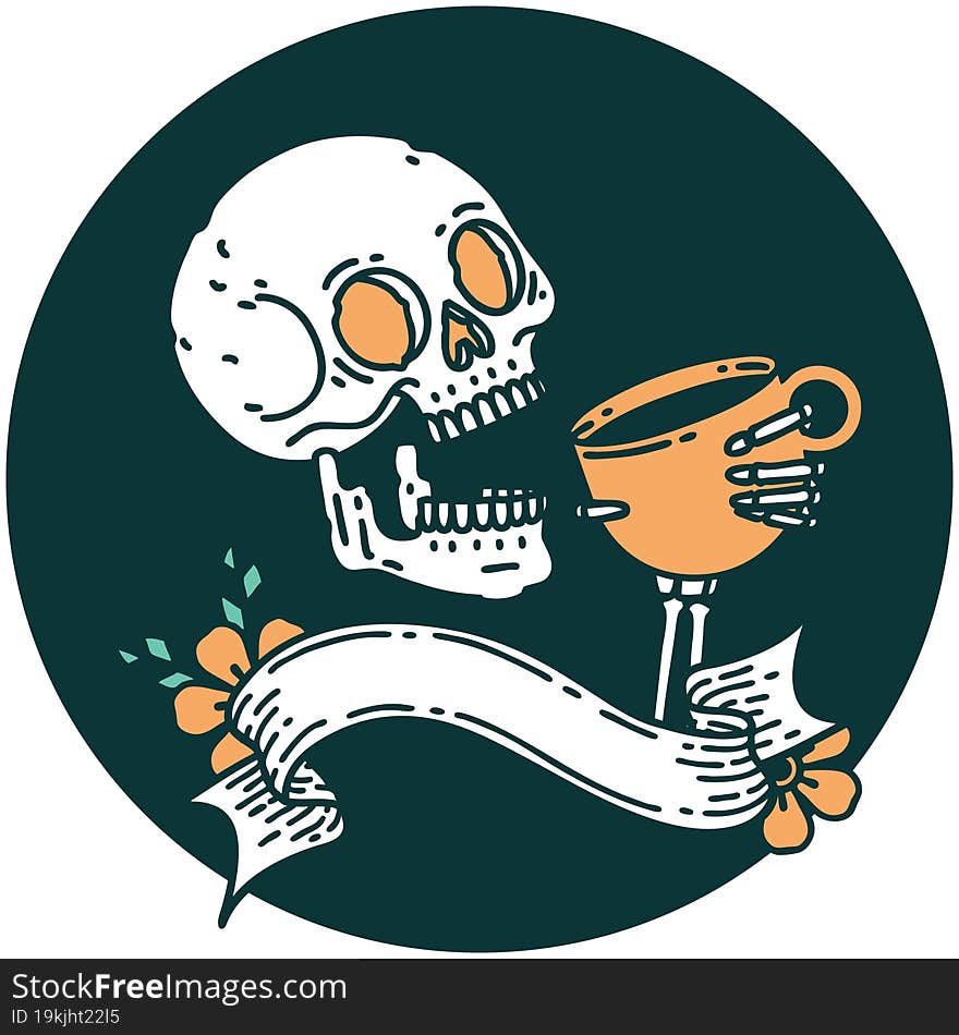 Icon With Banner Of A Skull Drinking Coffee