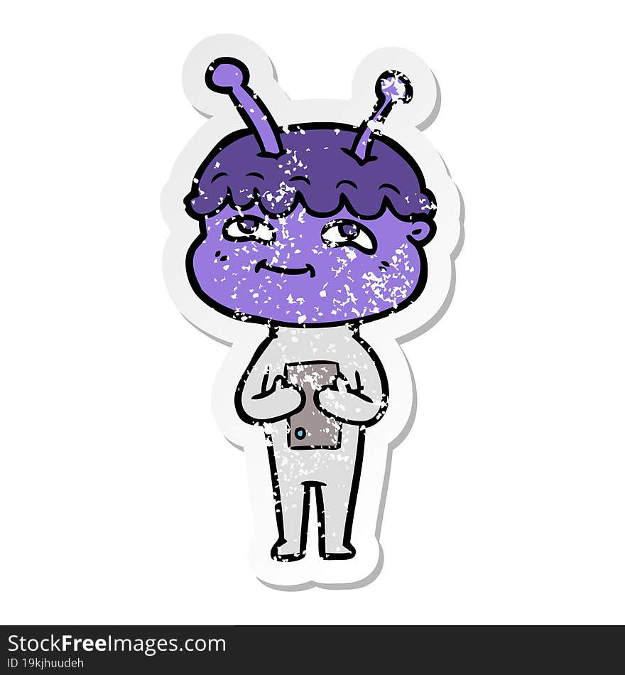 distressed sticker of a friendly cartoon spaceman