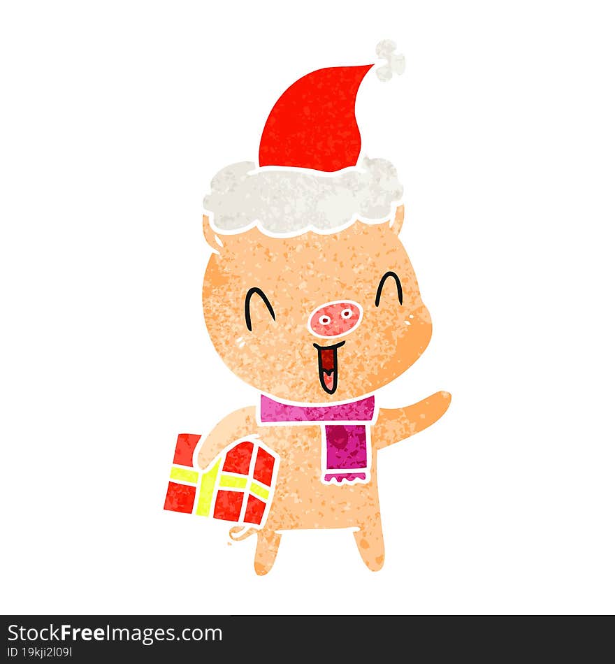 happy hand drawn retro cartoon of a pig with xmas present wearing santa hat