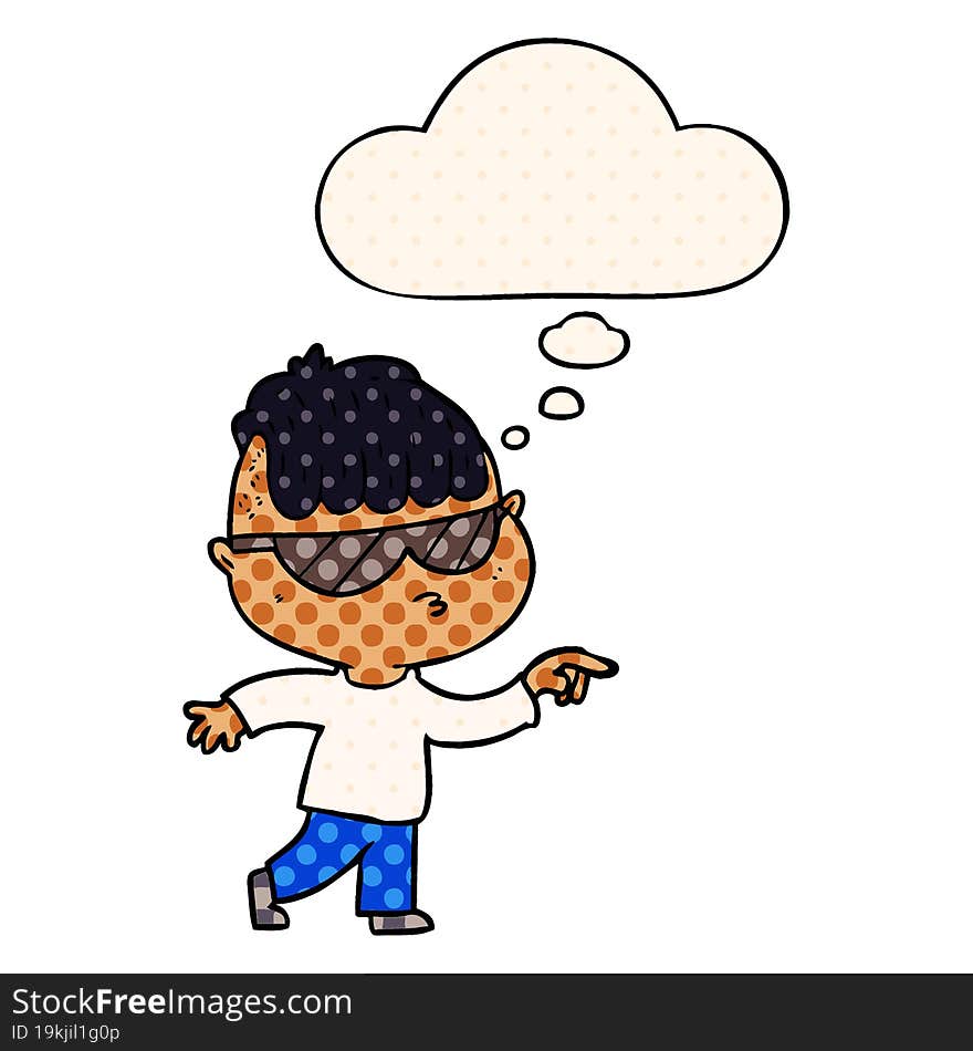 cartoon boy wearing sunglasses pointing with thought bubble in comic book style