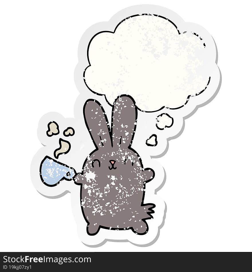 cute cartoon rabbit with coffee cup with thought bubble as a distressed worn sticker