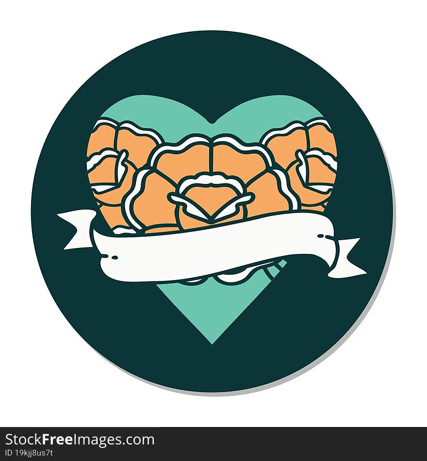 sticker of tattoo in traditional style of a heart and banner with flowers. sticker of tattoo in traditional style of a heart and banner with flowers