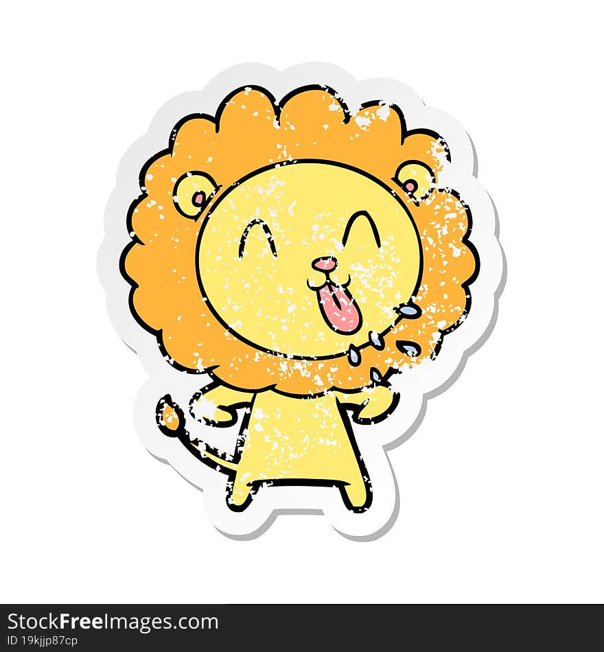 distressed sticker of a happy cartoon lion