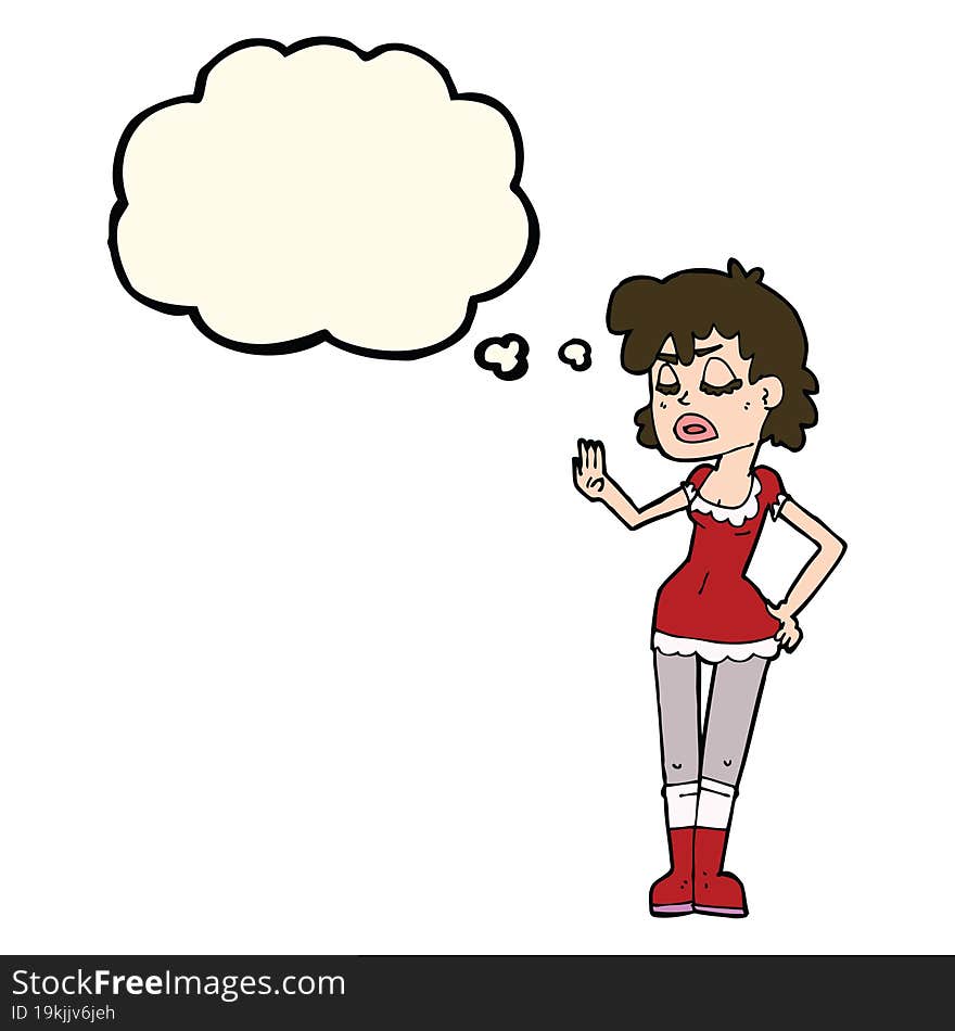 cartoon woman making dismissive gesture with thought bubble