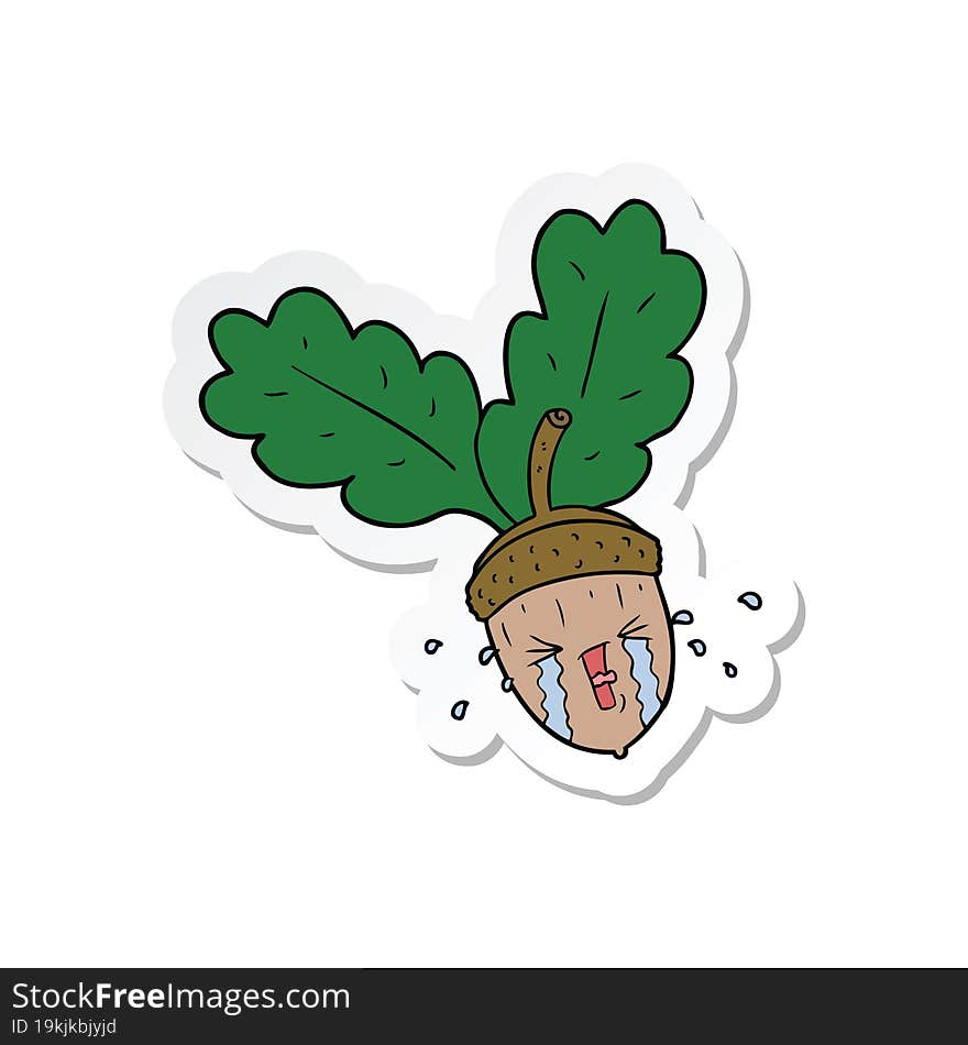 sticker of a cartoon crying acorn