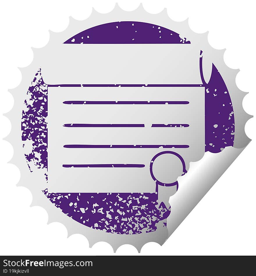 distressed circular peeling sticker symbol of a certificate