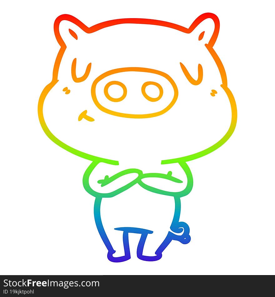 rainbow gradient line drawing of a cartoon content pig