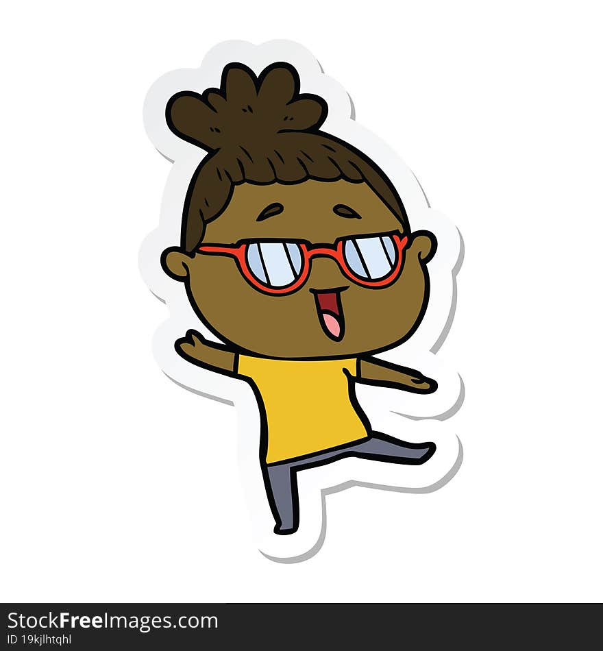 sticker of a cartoon happy woman wearing spectacles