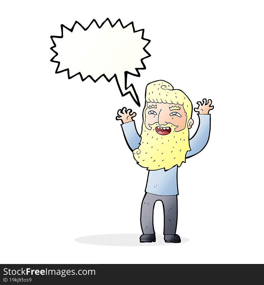 cartoon happy bearded man waving arms with speech bubble