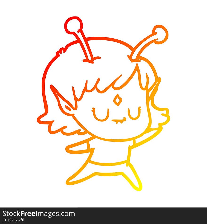 warm gradient line drawing of a cartoon alien girl