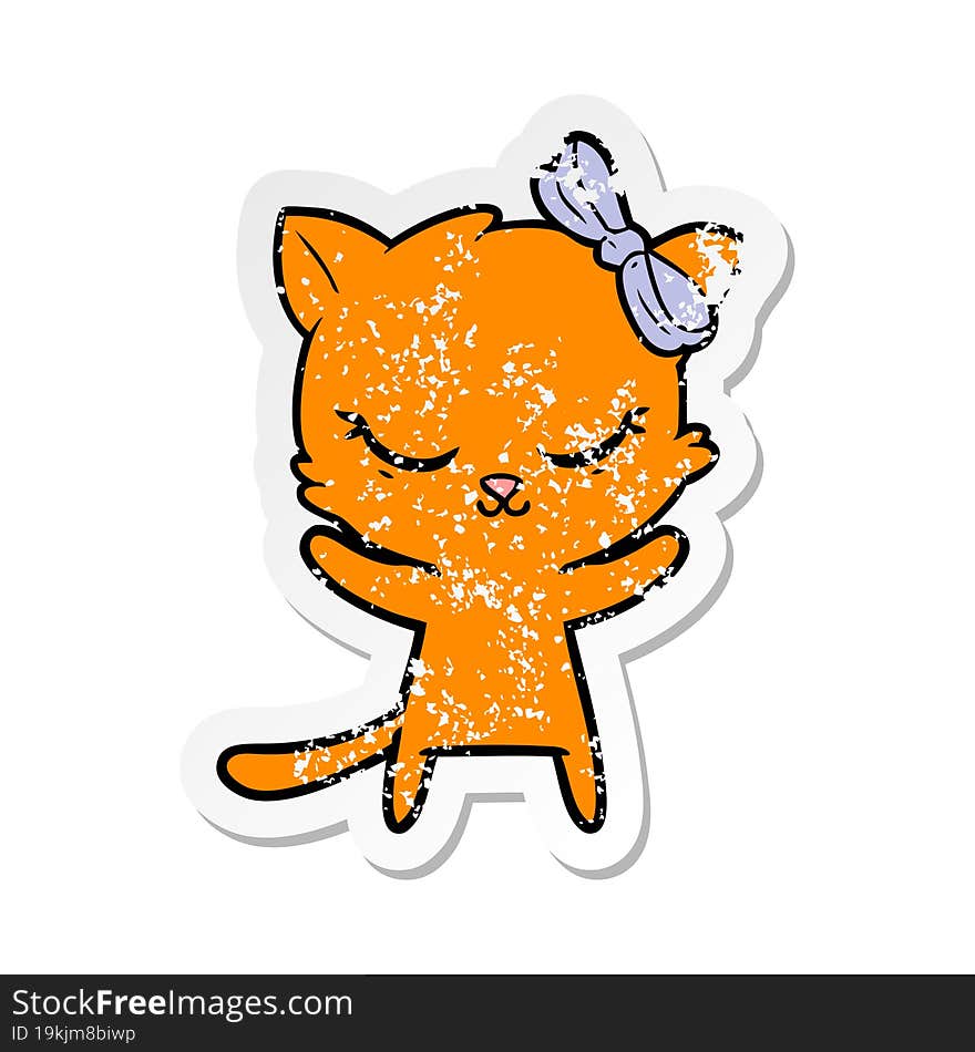 distressed sticker of a cute cartoon cat with bow