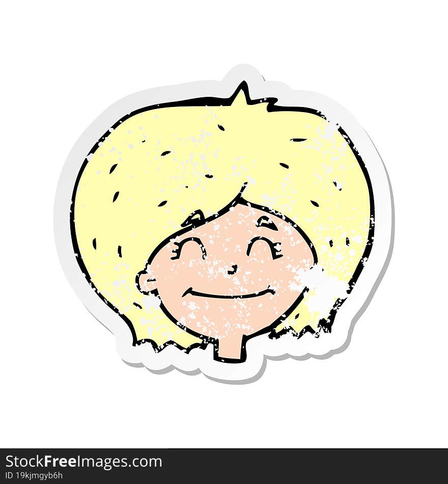 retro distressed sticker of a cartoon happy female face