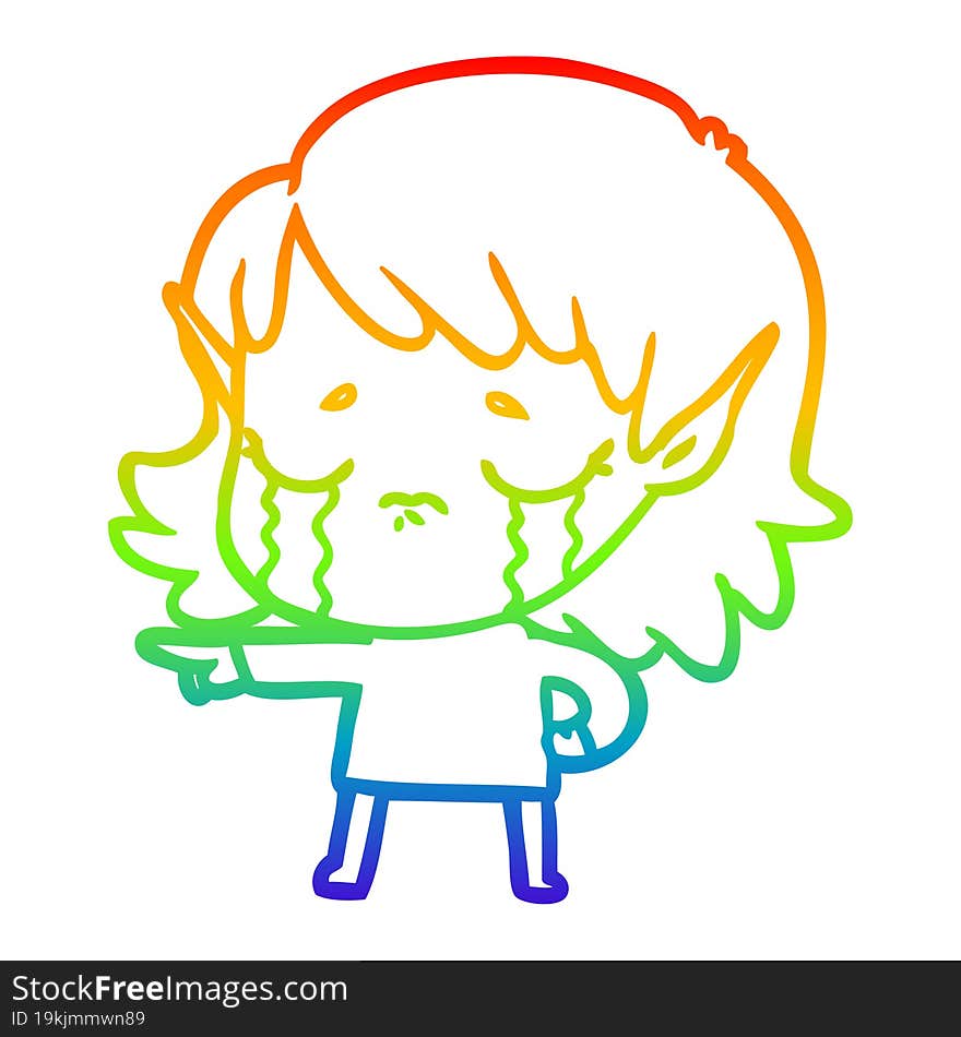 rainbow gradient line drawing cartoon crying elf girl