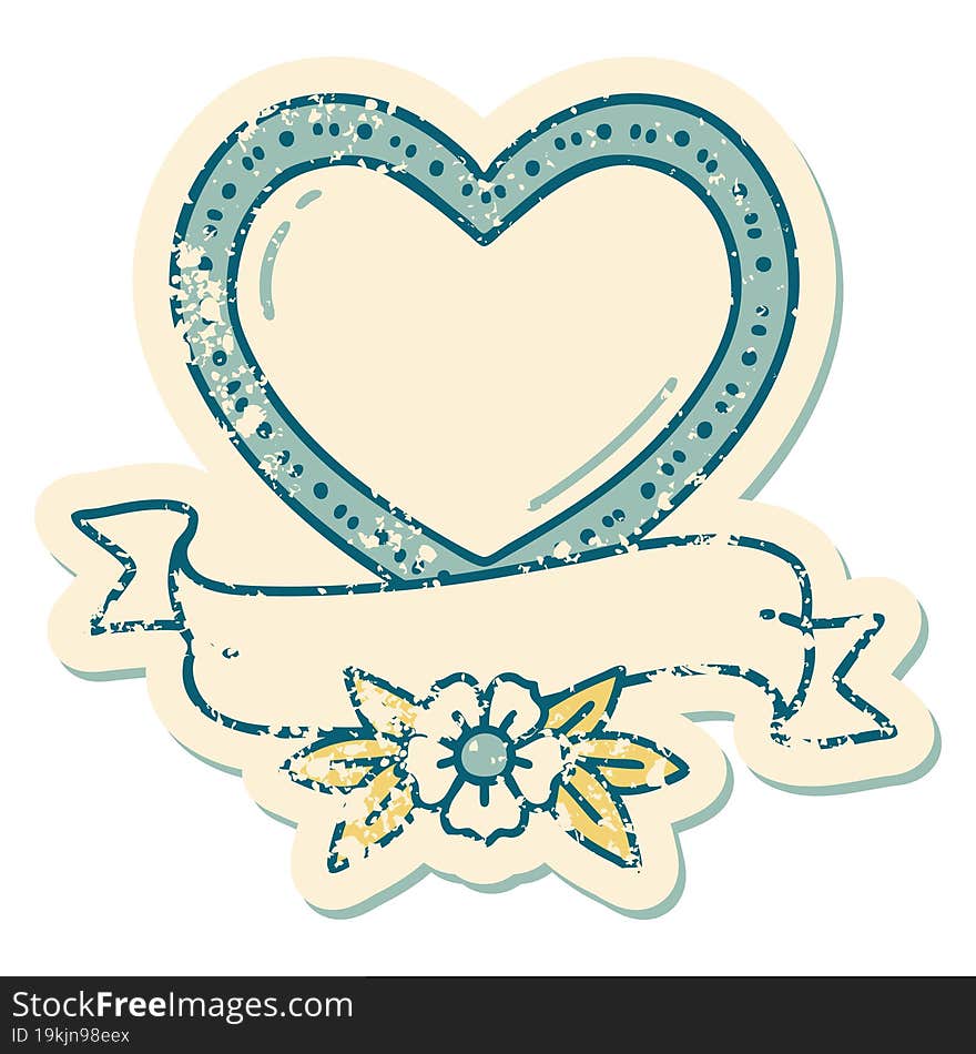 distressed sticker tattoo style icon of a heart and banner