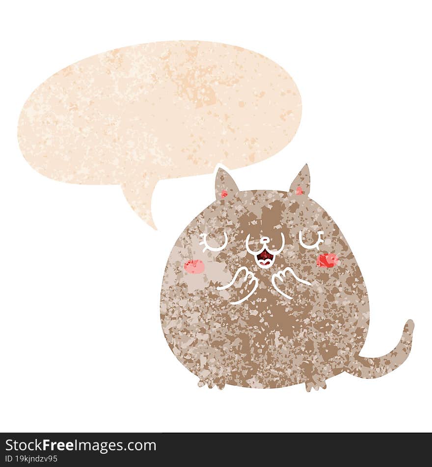 cartoon cute cat and speech bubble in retro textured style