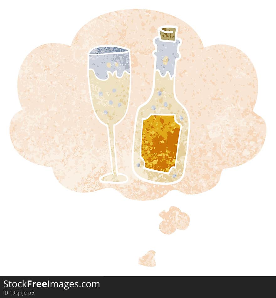 cartoon champagne bottle and glass and thought bubble in retro textured style