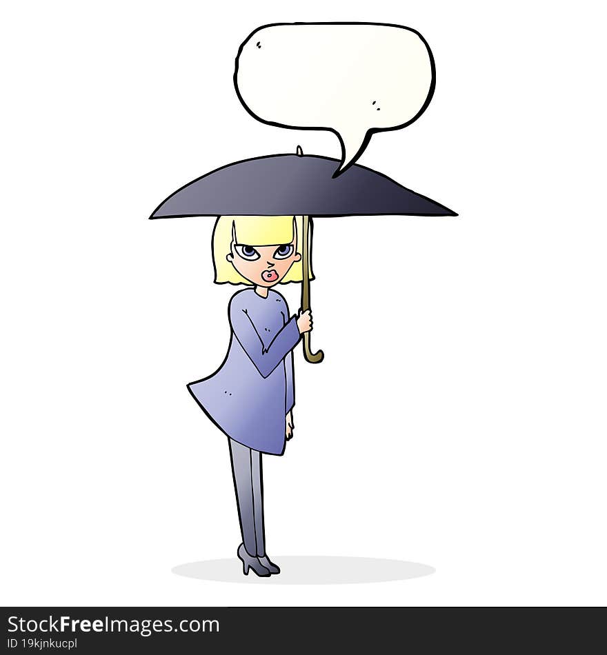 Cartoon Woman With Umbrella With Speech Bubble