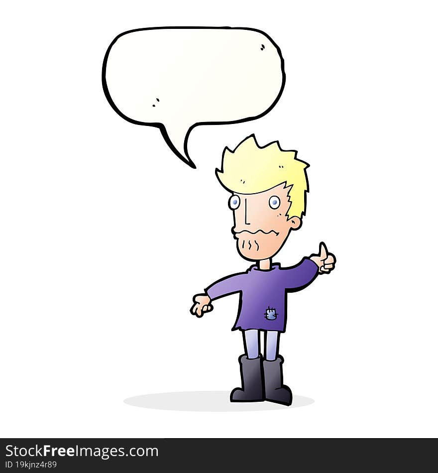 cartoon worried man giving thumbs up symbol with speech bubble