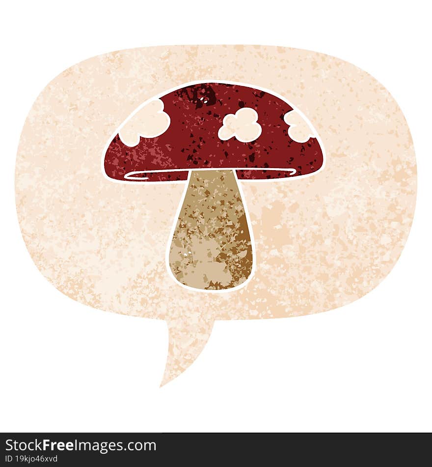 cartoon mushroom and speech bubble in retro textured style