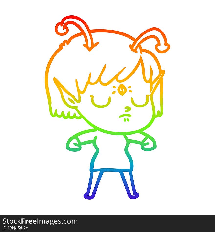 rainbow gradient line drawing of a cartoon alien girl