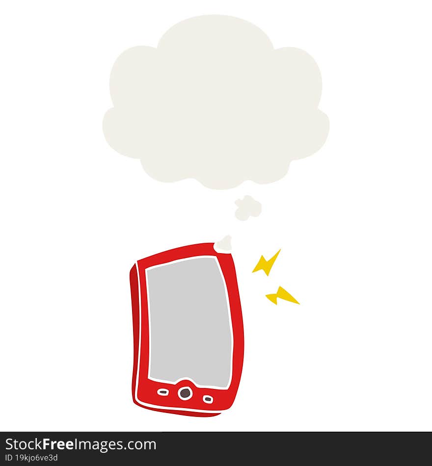 cartoon mobile phone with thought bubble in retro style