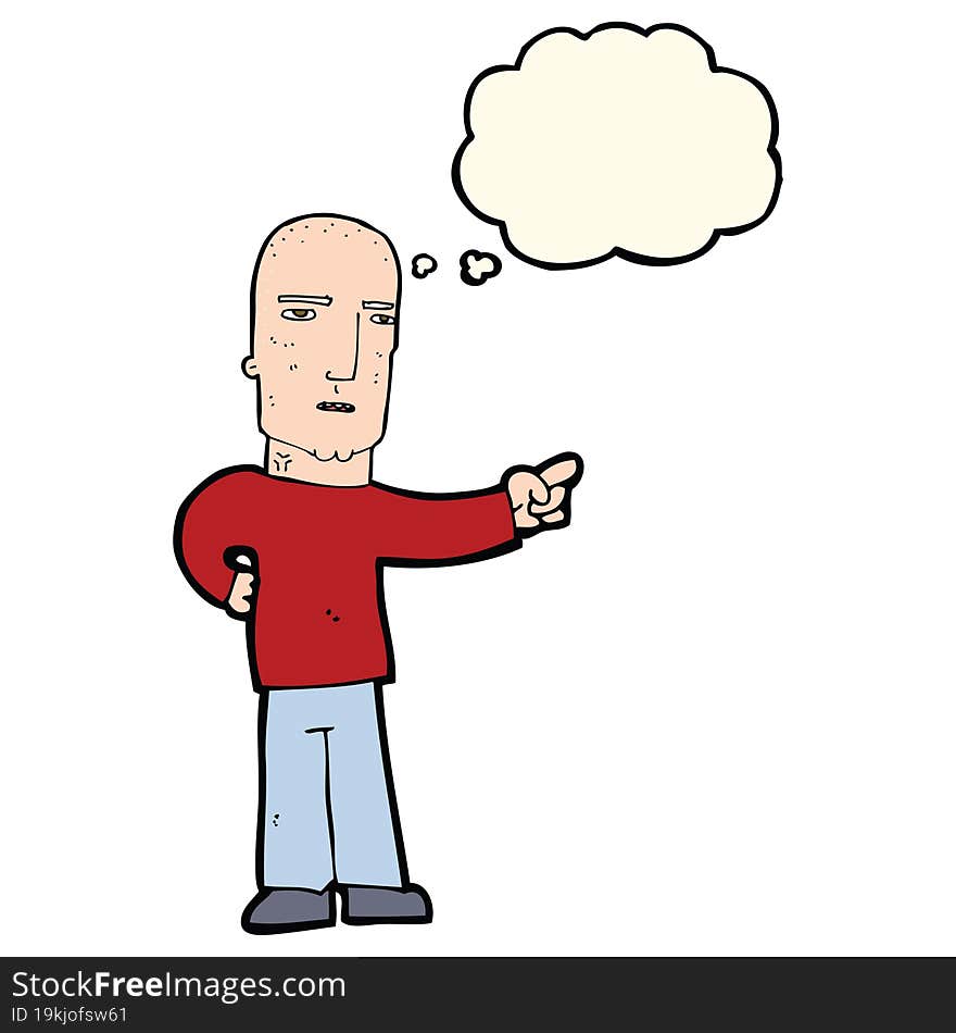 cartoon tough guy pointing with thought bubble