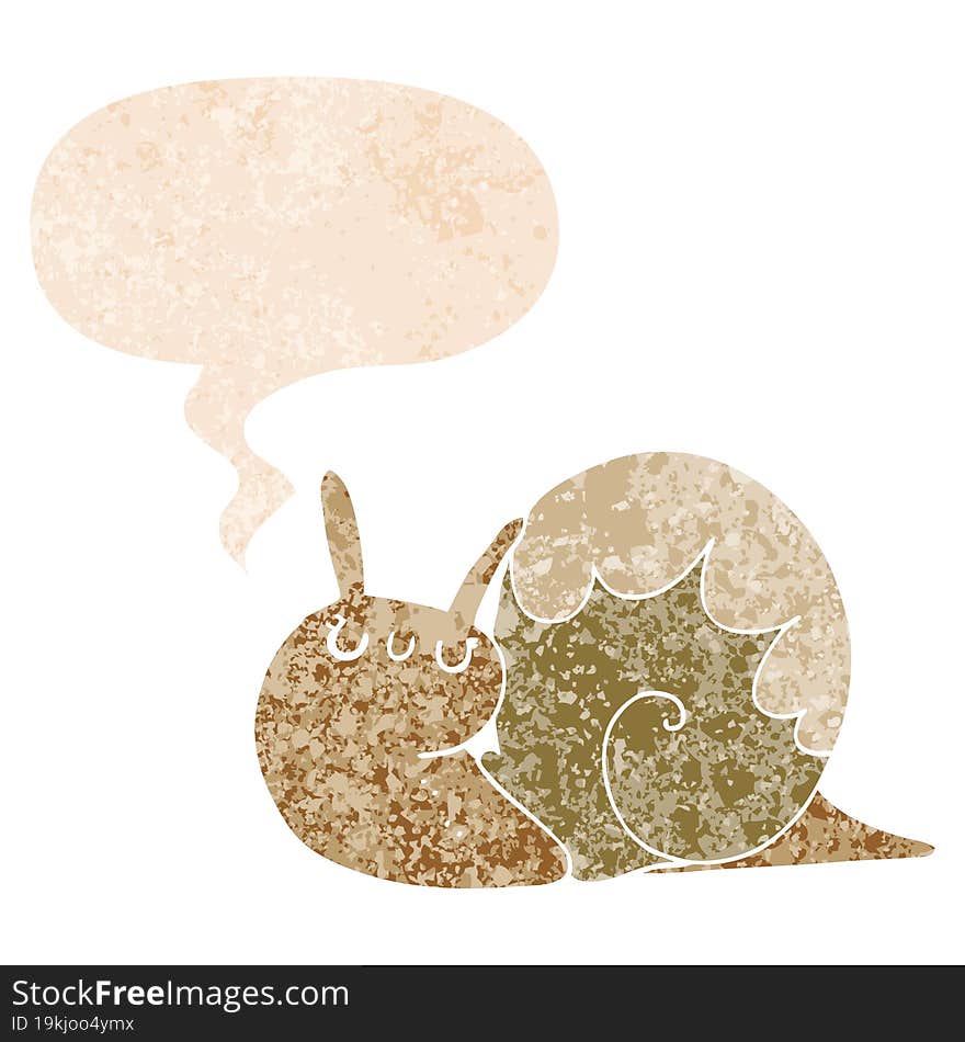 cute cartoon snail and speech bubble in retro textured style