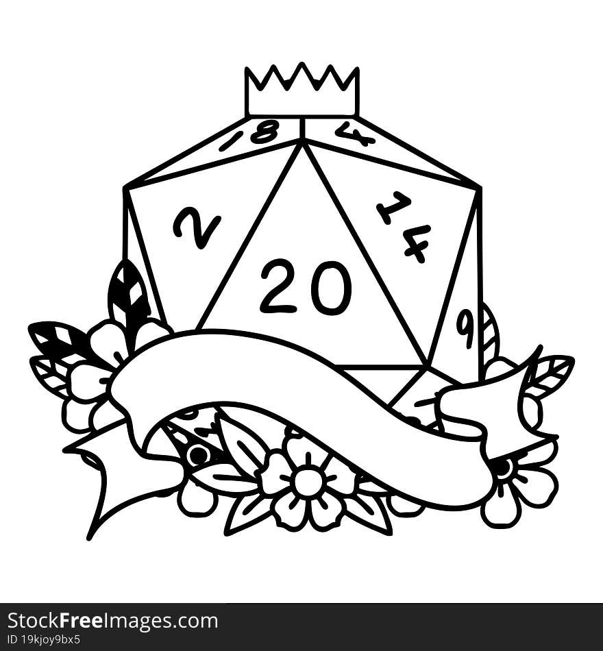 Black and White Tattoo linework Style natural twenty D20 dice roll. Black and White Tattoo linework Style natural twenty D20 dice roll