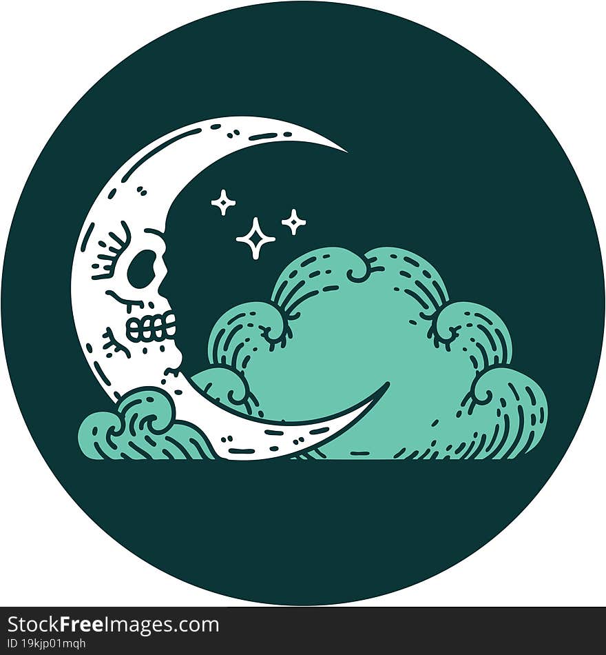 Tattoo Style Icon Of A Skull Crescent Moon And Clouds