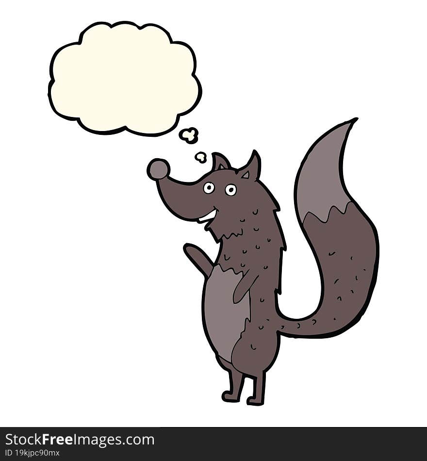 cartoon waving wolf with thought bubble